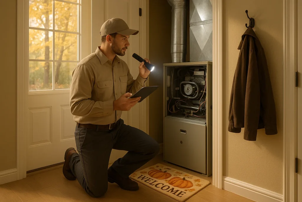 HVAC technician inspects furnace system during fall maintenance in Katy home