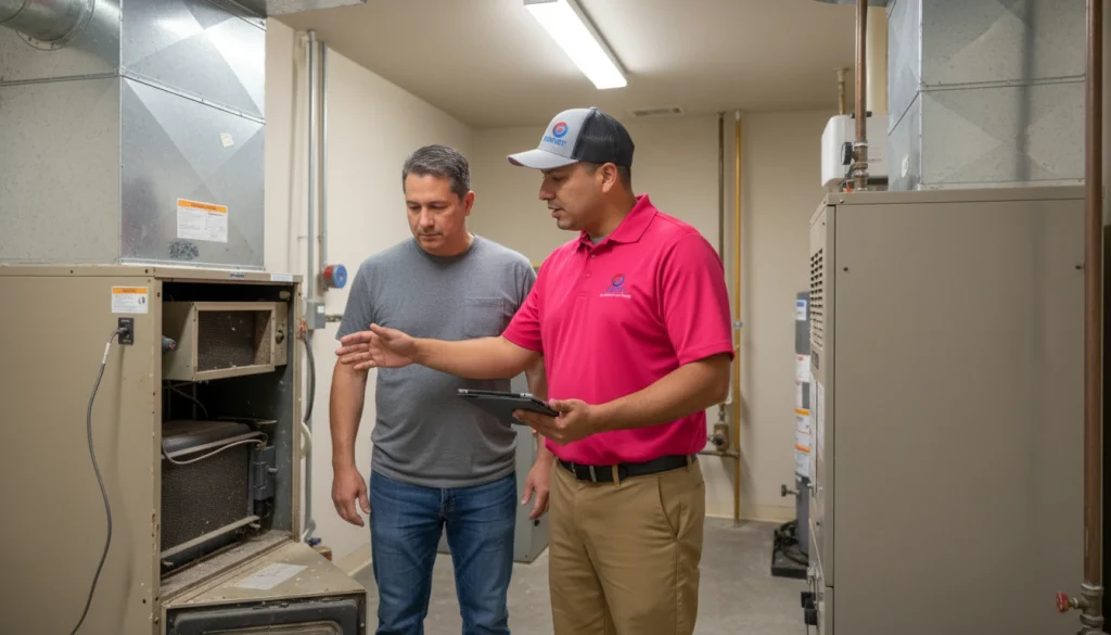 HVAC technician discussing furnace repair vs replacement with homeowner