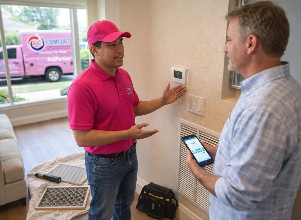 Homeowner and HVAC technician reviewing early spring AC tune-up benefits in Katy Texas
