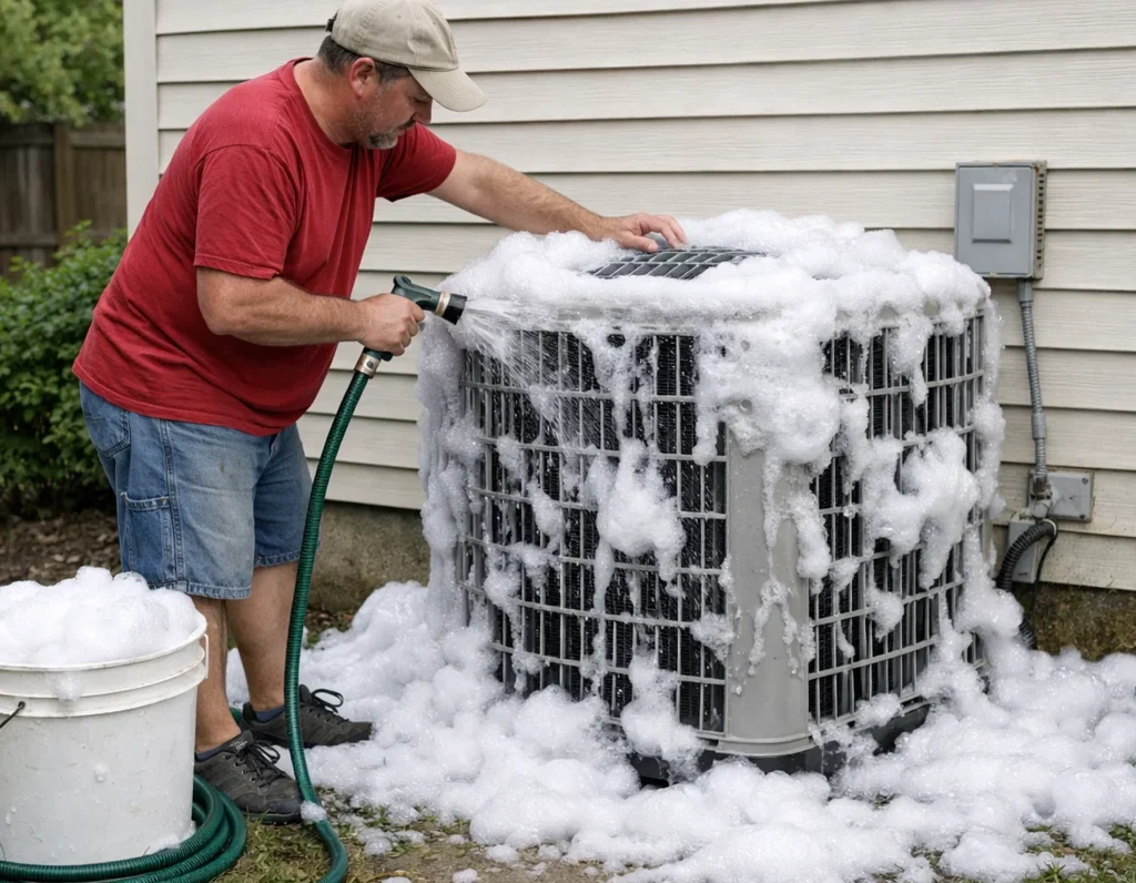 A homeowner using way too much salt soap on his AC condenser unit