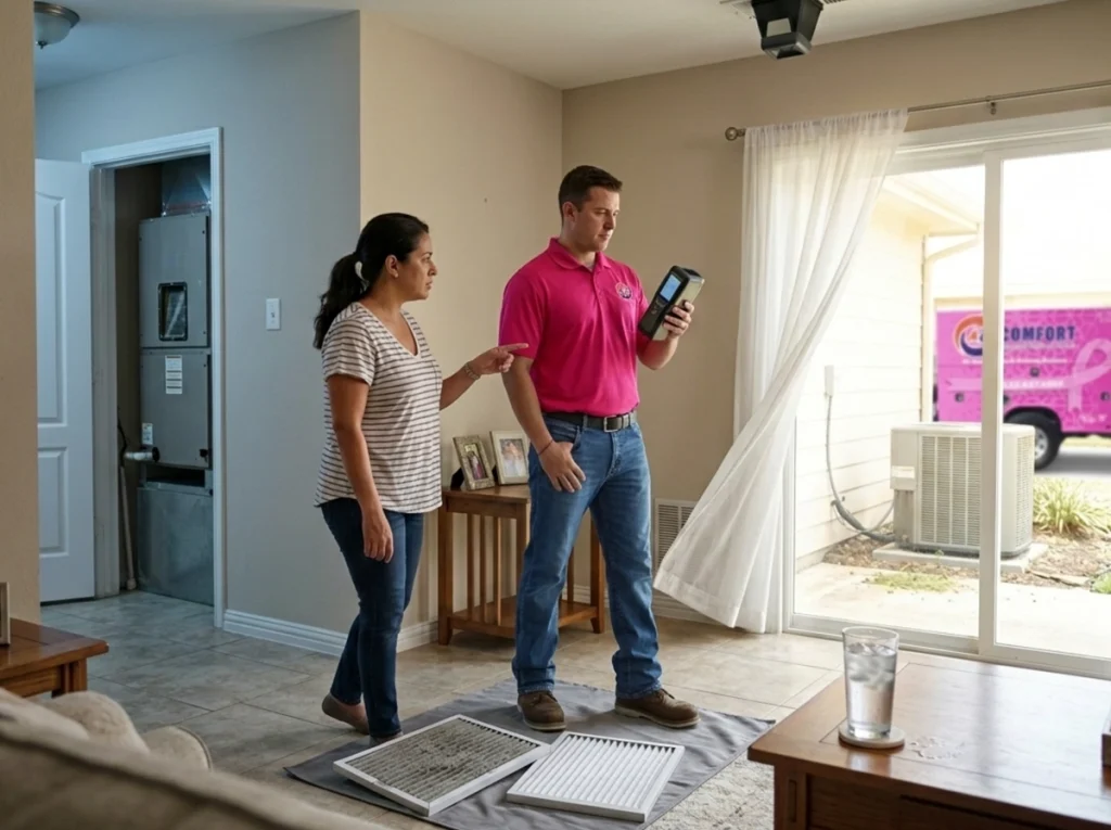 Houston homeowner reviewing weak airflow and dirty AC coils during a heat wave.