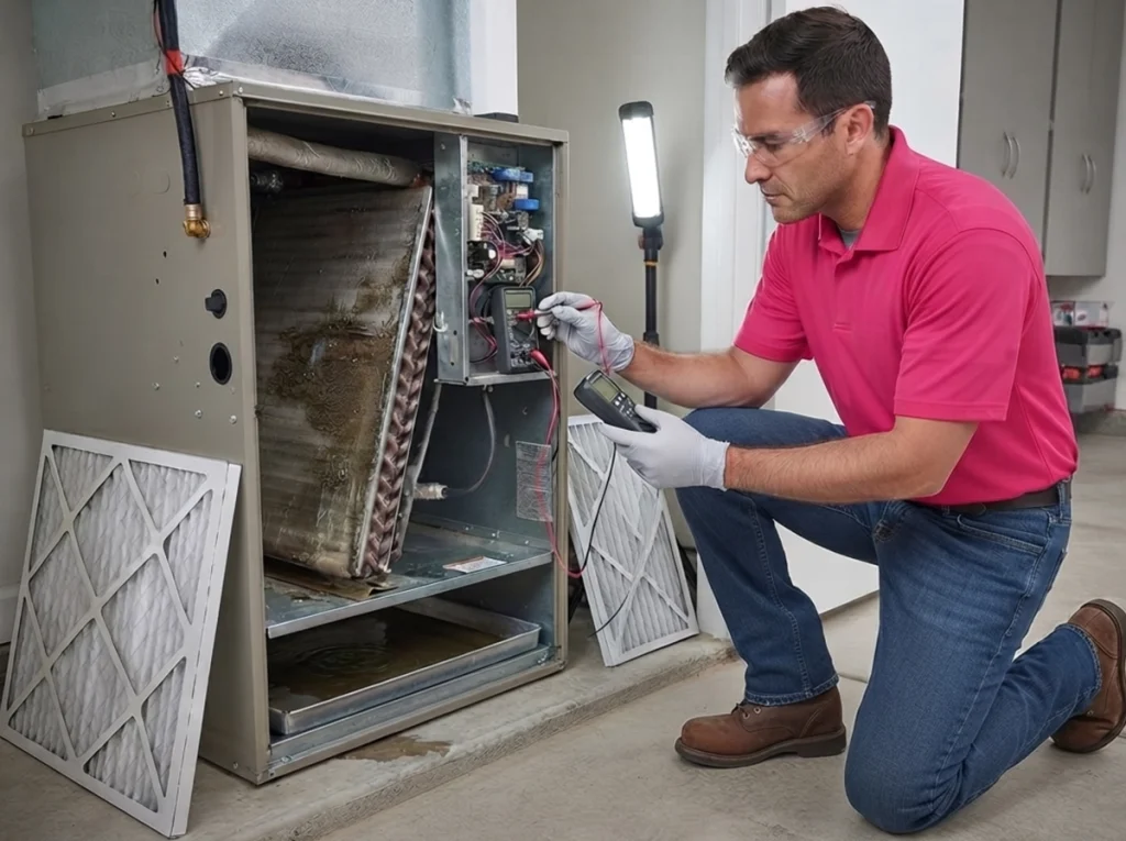 HVAC technician diagnosing an air conditioner needing immediate repair