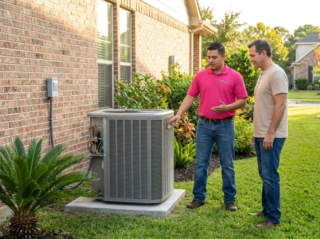 Houston homeowner reviewing fall HVAC maintenance with technician
